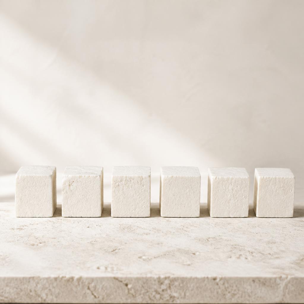 A row of light paneer cubes on a pale stone slab